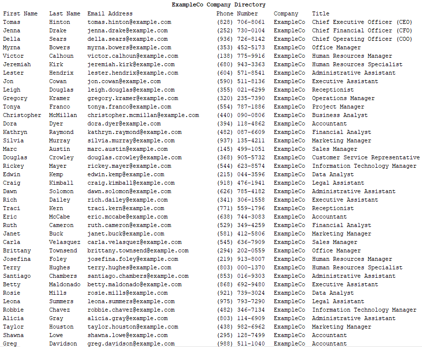 image of a CSV file of employee contact information