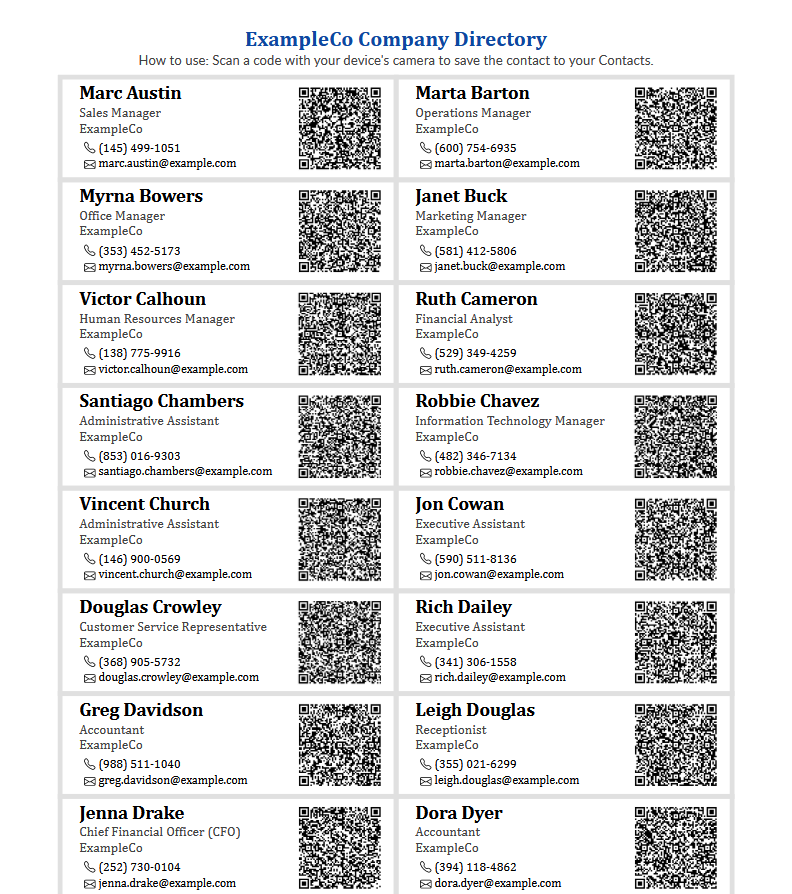 image of a PDF file of QR codes containing employee virtual card files